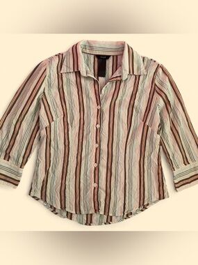 Vintage Coupe Crinkle Texture Striped Button Up Shirt 3/4 Sleeve Y2K Boho Earthy